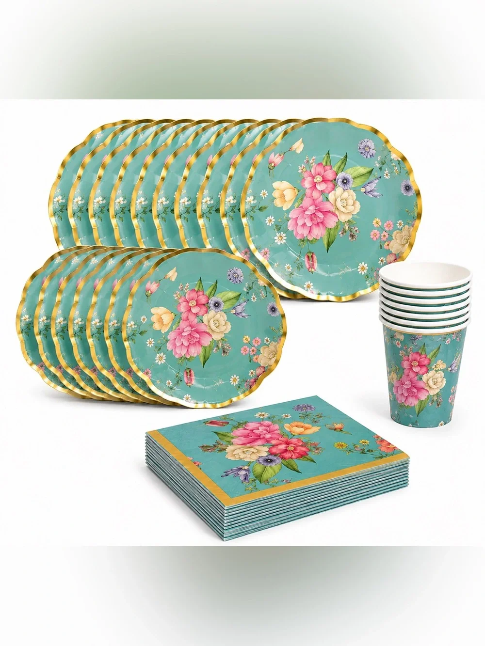 Vintage Floral Party Supplies Set for 8 – Plates, Cups & Napkins